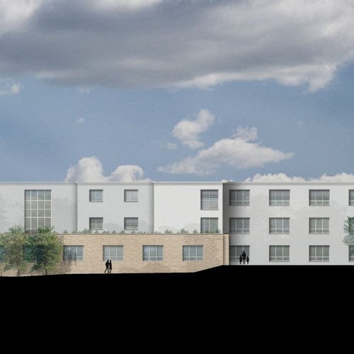 So soll der Klinikneubau zusammen mit den drei sanierten denkmalgeschützten Häusern aussehen. Grafik: LWL/BLB
