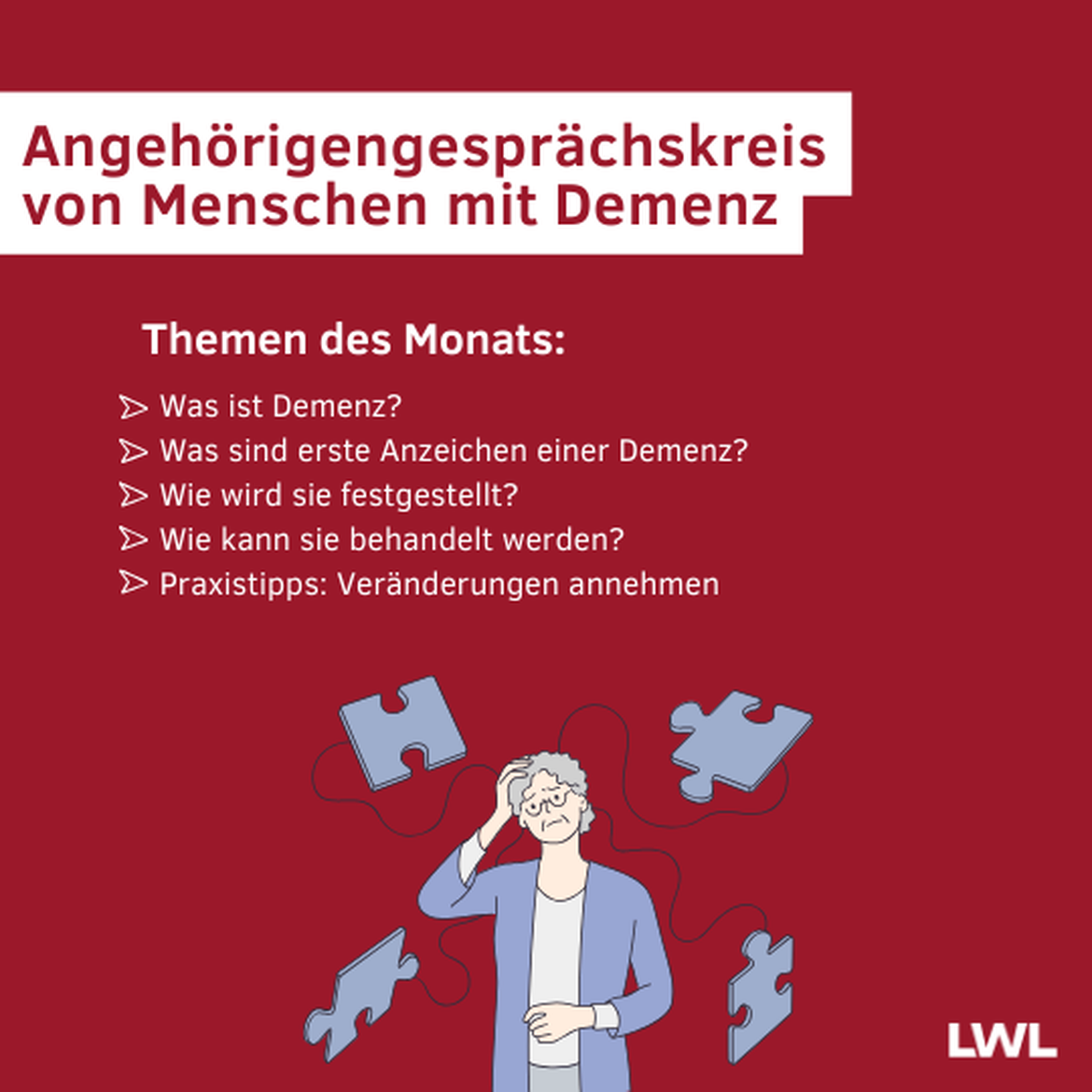 Grafik: Eine demenzerkrankte Person mit verschiedenen Puzzleteilen, die in ihrem Kopf sind.